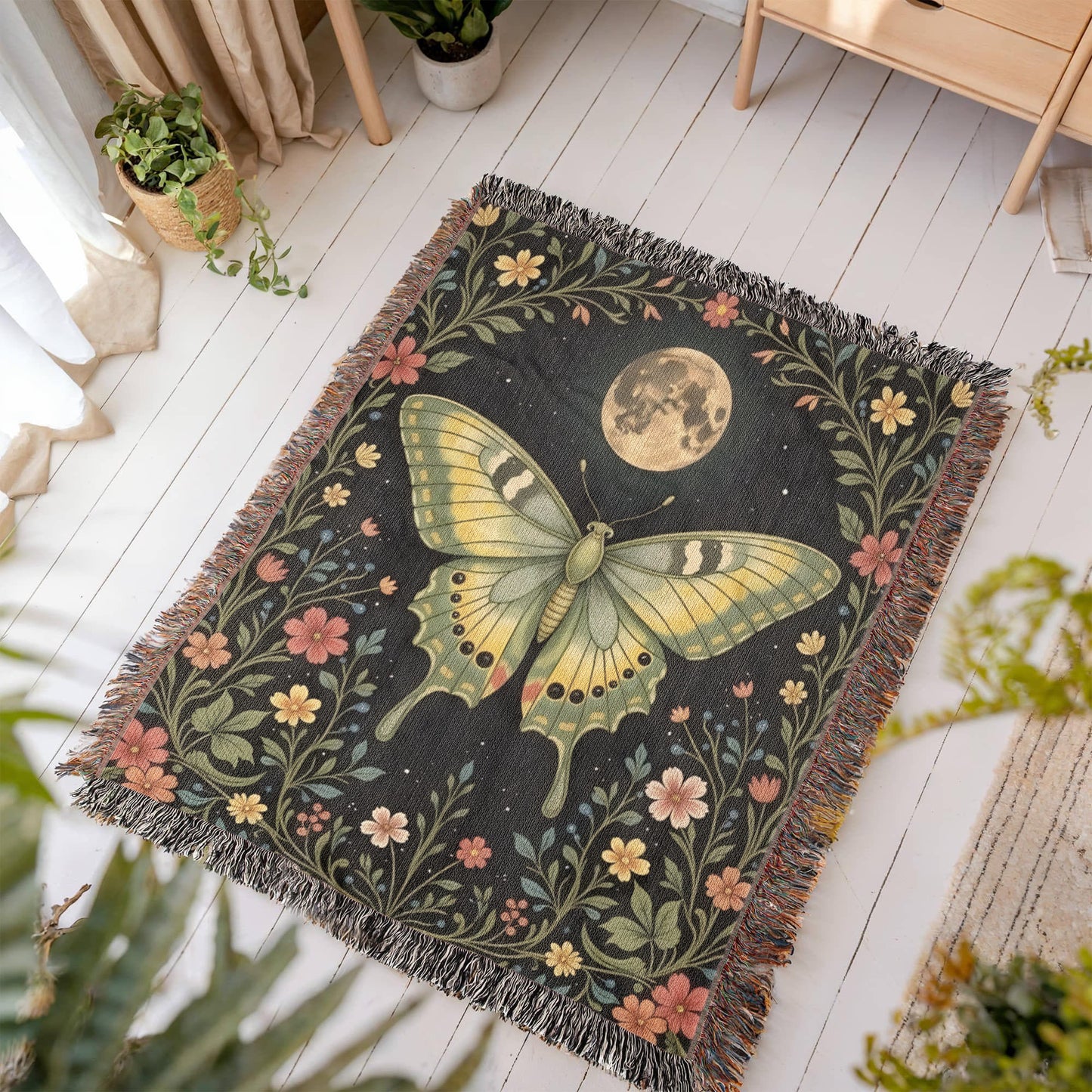 Witchy Luna Moth Blanket, Cottagecore & Dark Academia Throw, Goblincore Tapestry, Witchy Decor, Mystical Moth and Moon Lover Gift