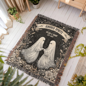 Cute Cottagecore Ghost Lovers Custom Tapestry | Custom Woodland Gothic Couple Blanket Woven Throw His & Hers Gift For Cotton Anniversary