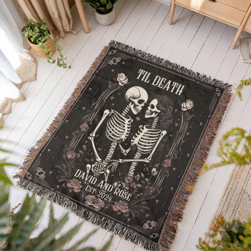 Personalized Skeleton Blanket: Til Death Do Us Part Woven Throw, Spooky Skull Decor, Wedding or Valentines Present, Halloween Goth Wedding