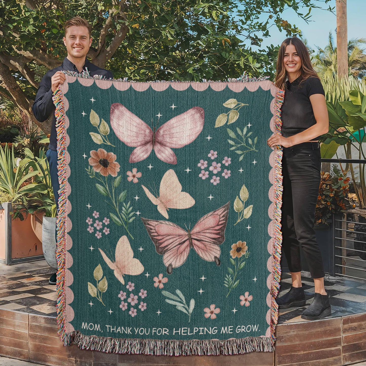 Gift for Mom Throw Blanket: Personalized Woven Mothers Day Present, Floral Nature Animals, Thank you for helping me grow, Unique Home Decor