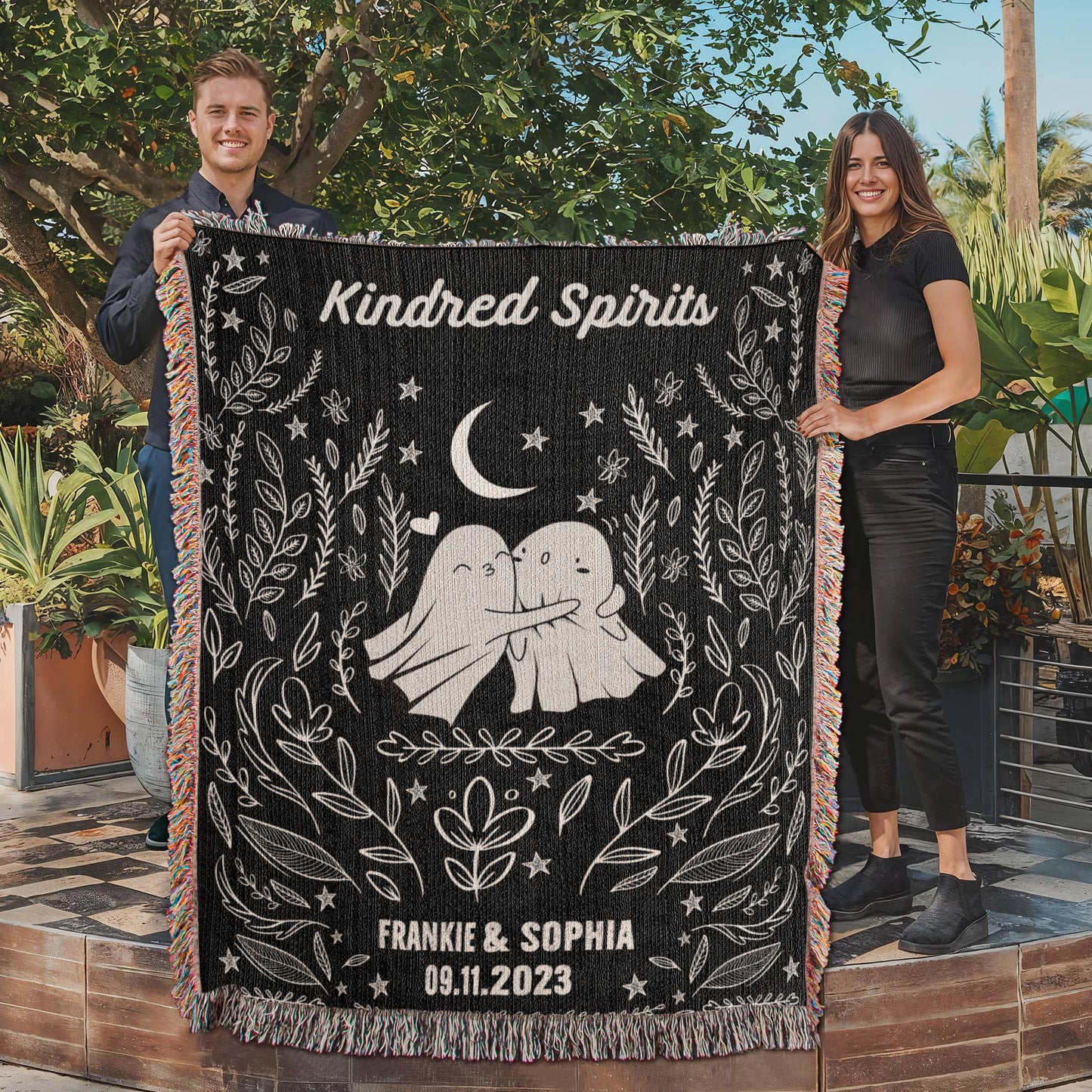 Ghost Couple Kindred Spirits Personalized Wedding Blanket Spooky Halloween Tapestry Woven Ghost Gifts His & Hers Anniversary Gifts