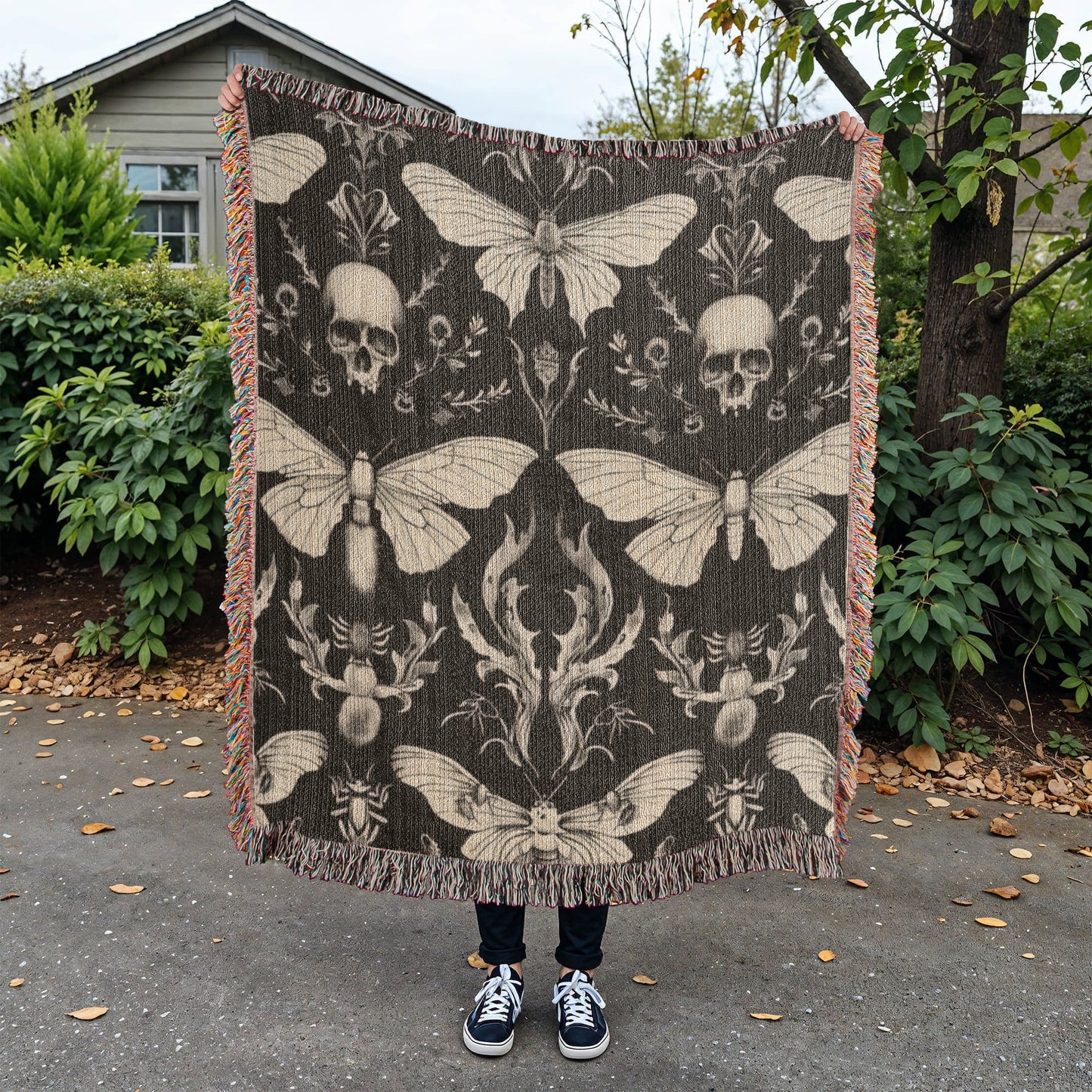 Luna Moths Throw Blanket | 100% Cotton | Jacquard Blanket with Fringed Edge | Tapestry | Woven in the USA