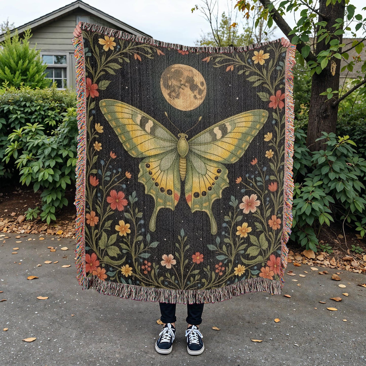 Witchy Luna Moth Blanket, Cottagecore & Dark Academia Throw, Goblincore Tapestry, Witchy Decor, Mystical Moth and Moon Lover Gift