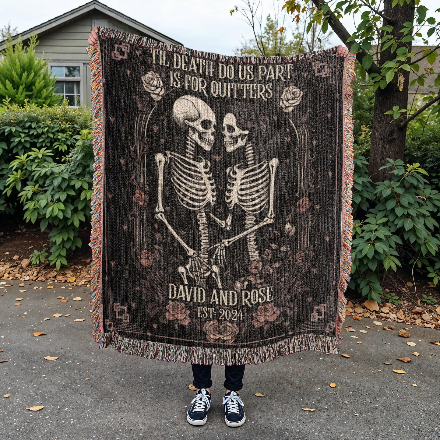 New Custom Couple Personalized Skeleton Woven Blanket For Couples Custom Goth Spooky Halloween Gifts Skeletons Valentine's Day