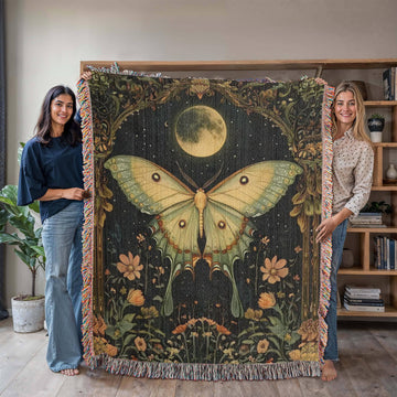 Witchy Luna Moth Blanket, Cottagecore and Dark Academia Throw, Goblincore Tapestry, Witchy Decor Moth and Moon Gift for Mystical Lovers