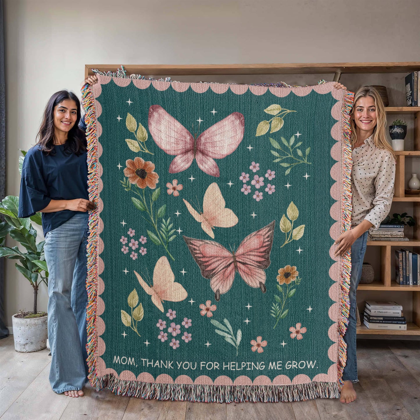 Gift for Mom Throw Blanket: Personalized Woven Mothers Day Present, Floral Nature Animals, Thank you for helping me grow, Unique Home Decor