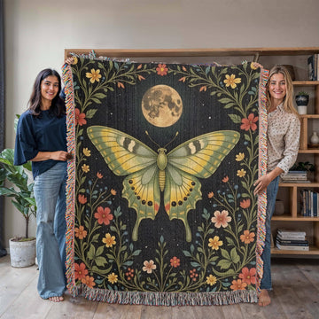 Witchy Luna Moth Blanket, Cottagecore & Dark Academia Throw, Goblincore Tapestry, Witchy Decor, Mystical Moth and Moon Lover Gift