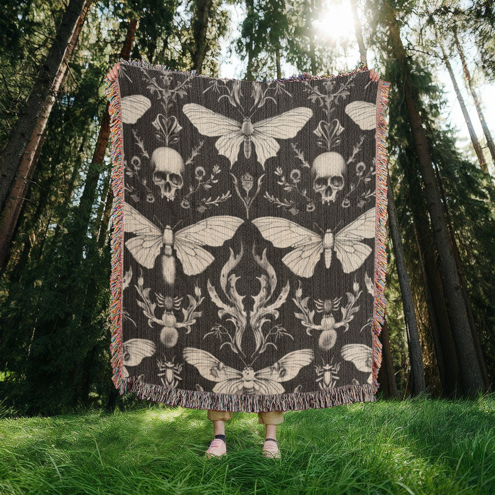 Luna Moths Throw Blanket | 100% Cotton | Jacquard Blanket with Fringed Edge | Tapestry | Woven in the USA