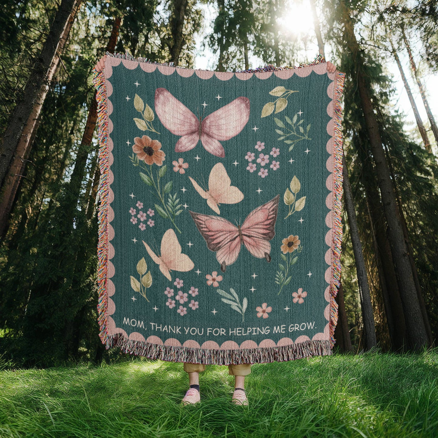 Gift for Mom Throw Blanket: Personalized Woven Mothers Day Present, Floral Nature Animals, Thank you for helping me grow, Unique Home Decor