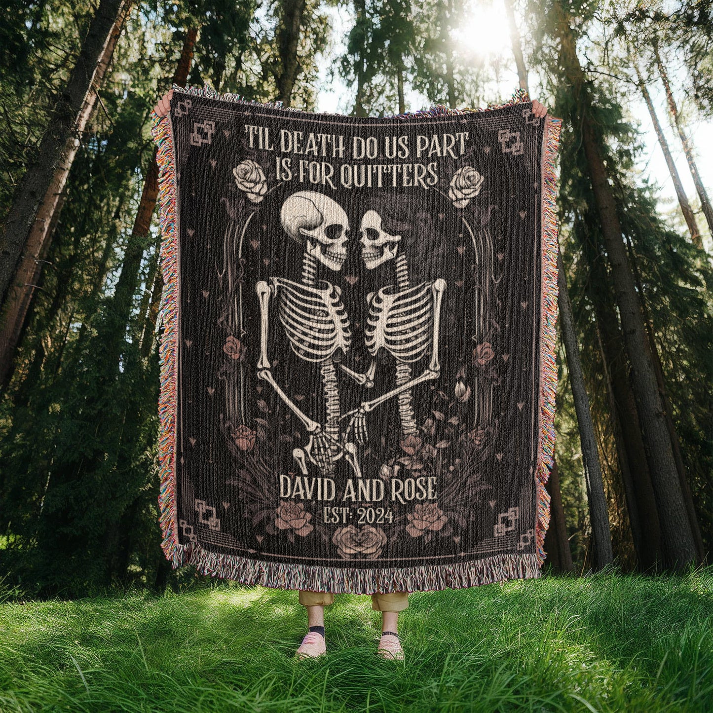 New Custom Couple Personalized Skeleton Woven Blanket For Couples Custom Goth Spooky Halloween Gifts Skeletons Valentine's Day