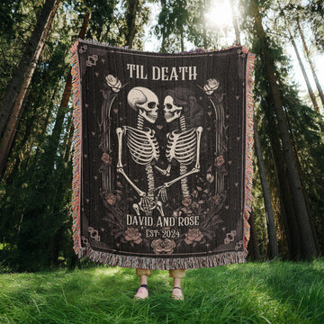 Personalized Skeleton Blanket: Til Death Do Us Part Woven Throw, Spooky Skull Decor, Wedding or Valentines Present, Halloween Goth Wedding