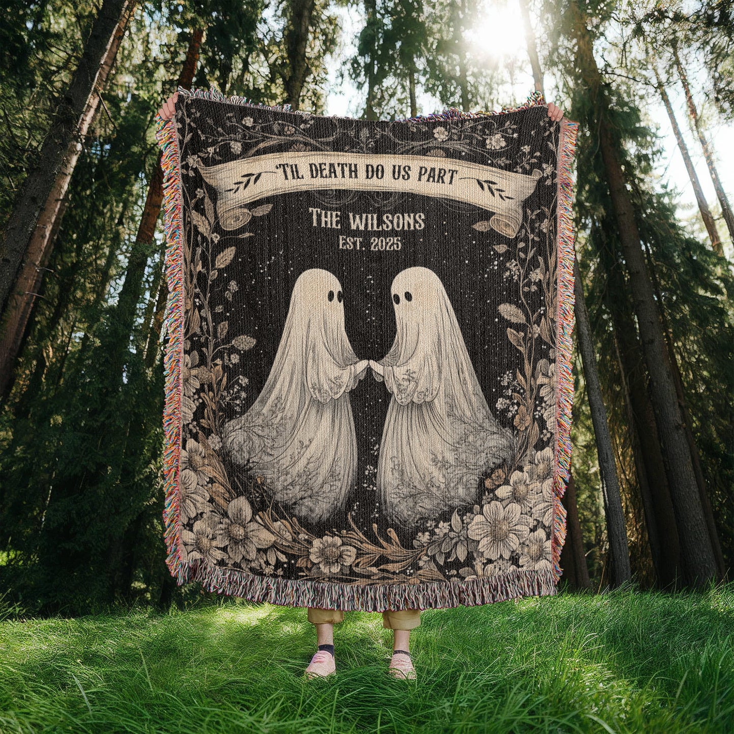 Ghost Couple 'Till Death Do Us Part  Personalized Wedding Blanket Spooky Halloween Tapestry Woven Ghost Gifts His & Hers Anniversary Gifts