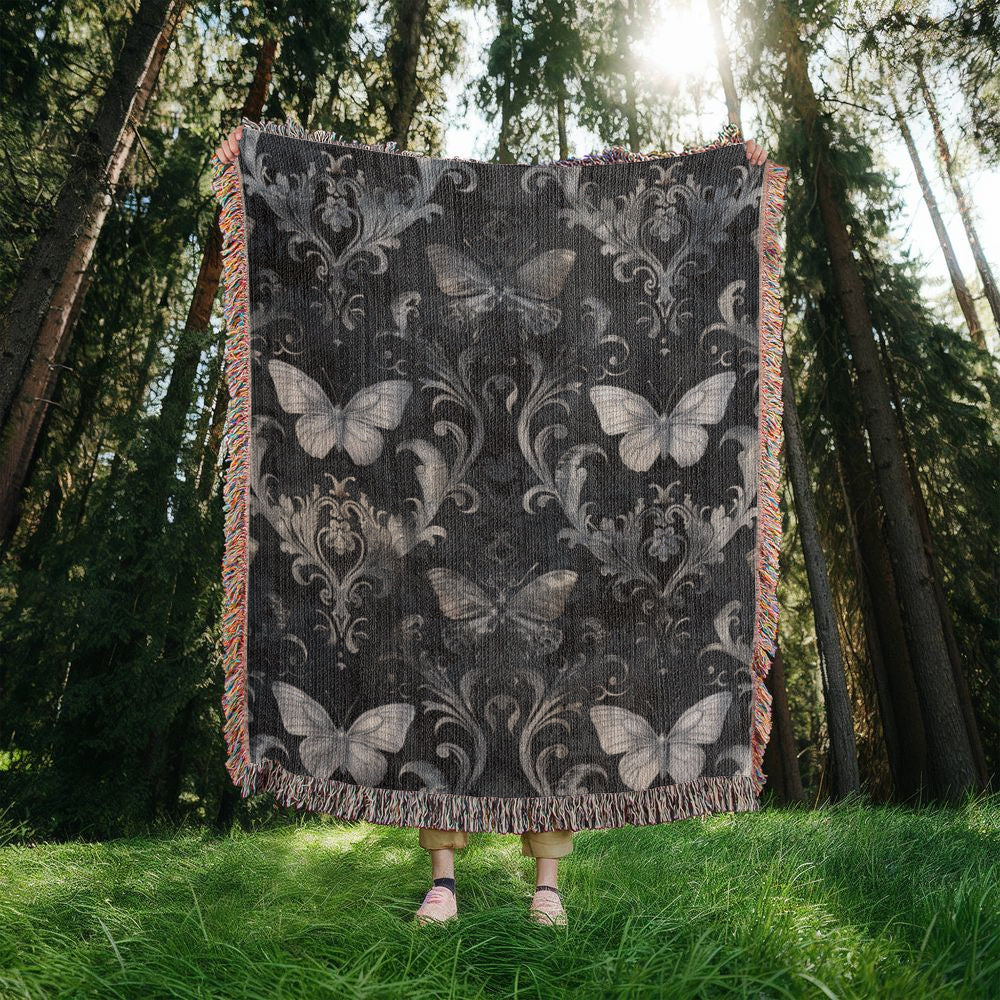 Luna Moths Throw Blanket | 100% Cotton | Jacquard Blanket with Fringed Edge | Gothic Tapestry | Woven in the USA