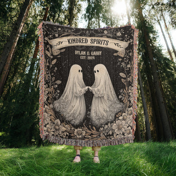 Cute Cottagecore Ghost Lovers Custom Tapestry | Custom Woodland Gothic Couple Blanket Woven Throw His & Hers Gift For Cotton Anniversary