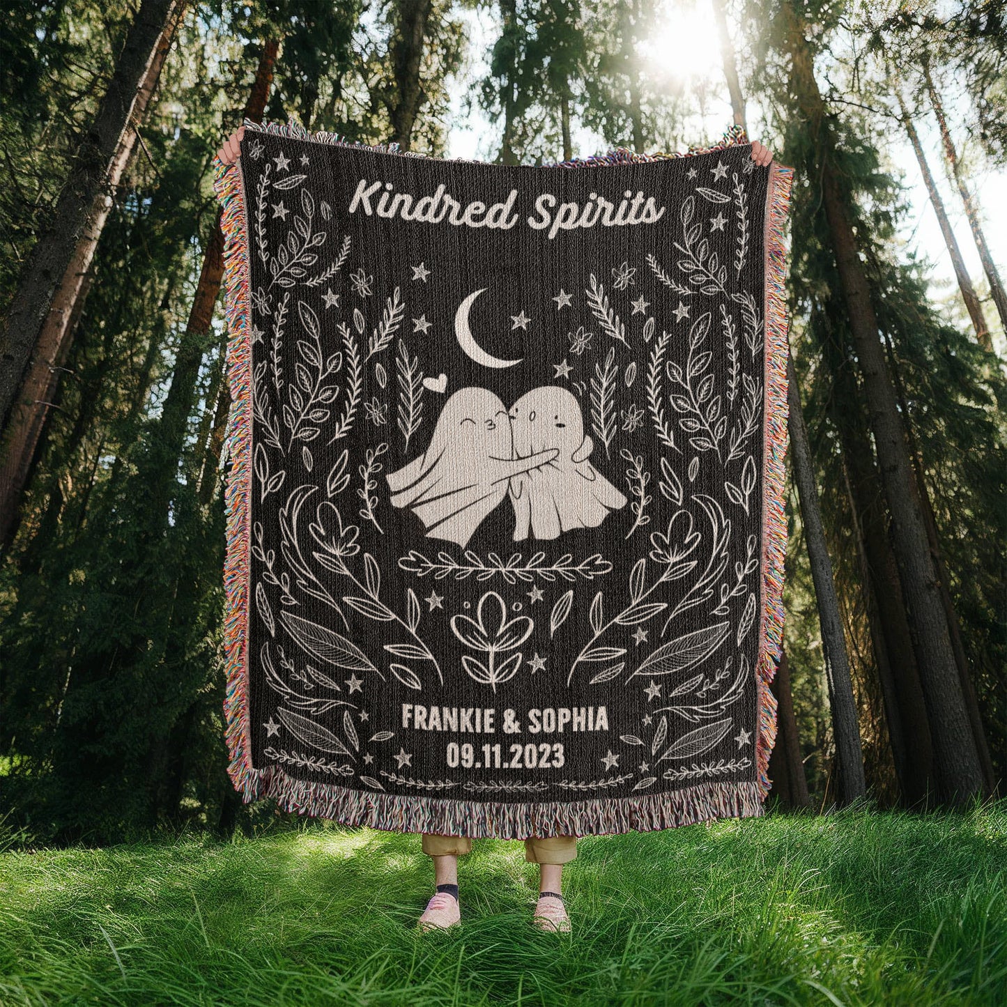 Ghost Couple Kindred Spirits Personalized Wedding Blanket Spooky Halloween Tapestry Woven Ghost Gifts His & Hers Anniversary Gifts