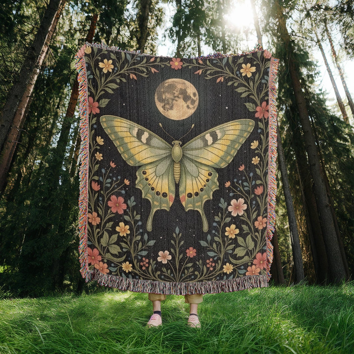 Witchy Luna Moth Blanket, Cottagecore & Dark Academia Throw, Goblincore Tapestry, Witchy Decor, Mystical Moth and Moon Lover Gift