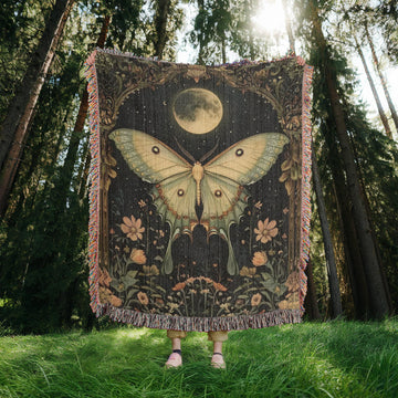 Witchy Luna Moth Blanket, Cottagecore and Dark Academia Throw, Goblincore Tapestry, Witchy Decor Moth and Moon Gift for Mystical Lovers