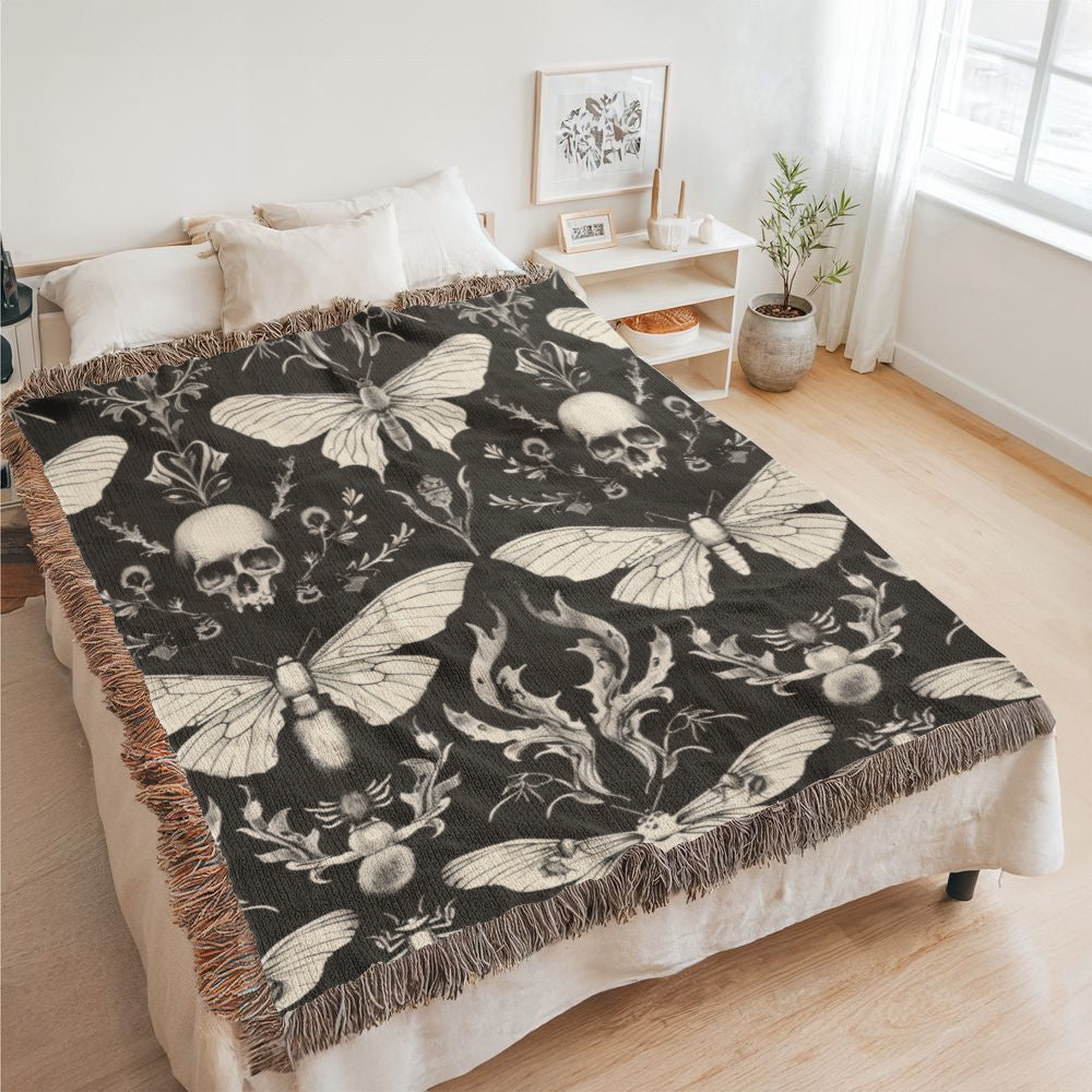 Luna Moths Throw Blanket | 100% Cotton | Jacquard Blanket with Fringed Edge | Tapestry | Woven in the USA