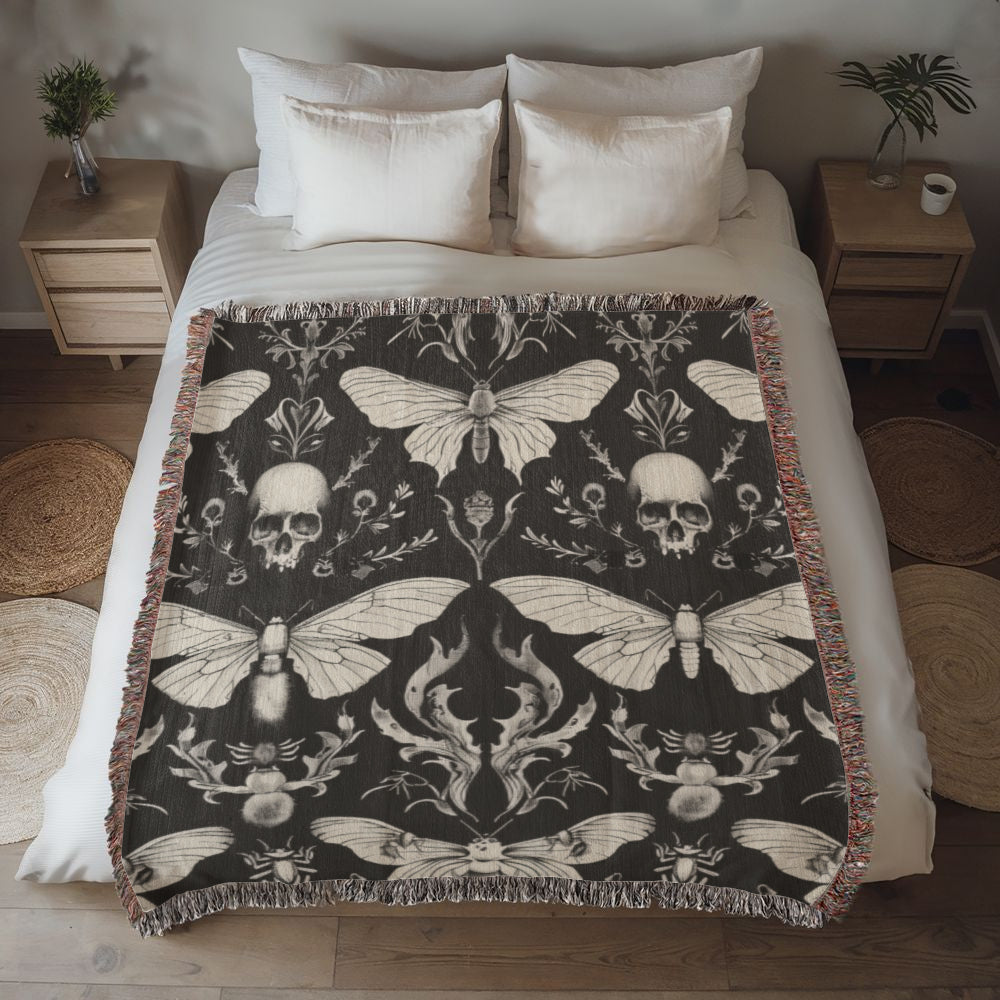 Luna Moths Throw Blanket | 100% Cotton | Jacquard Blanket with Fringed Edge | Tapestry | Woven in the USA