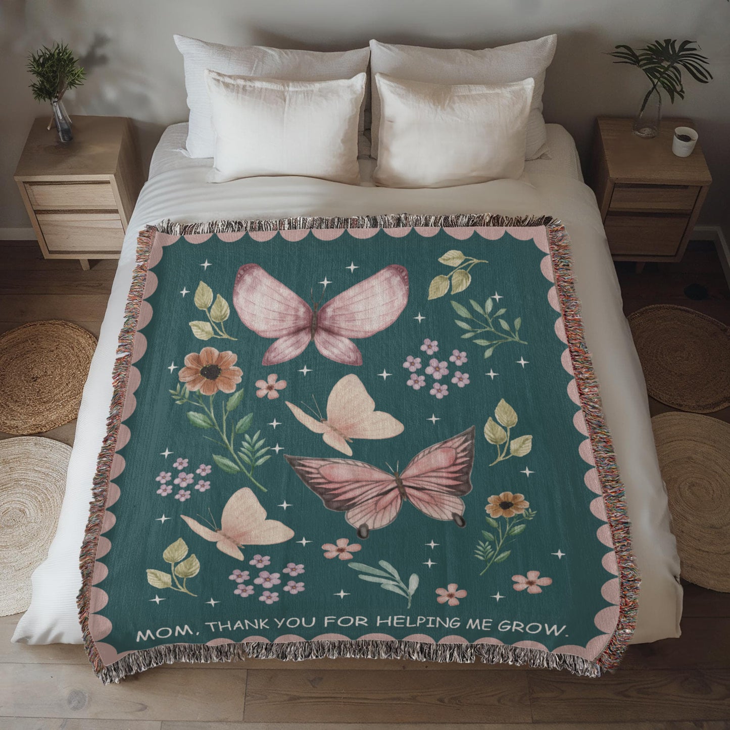 Gift for Mom Throw Blanket: Personalized Woven Mothers Day Present, Floral Nature Animals, Thank you for helping me grow, Unique Home Decor