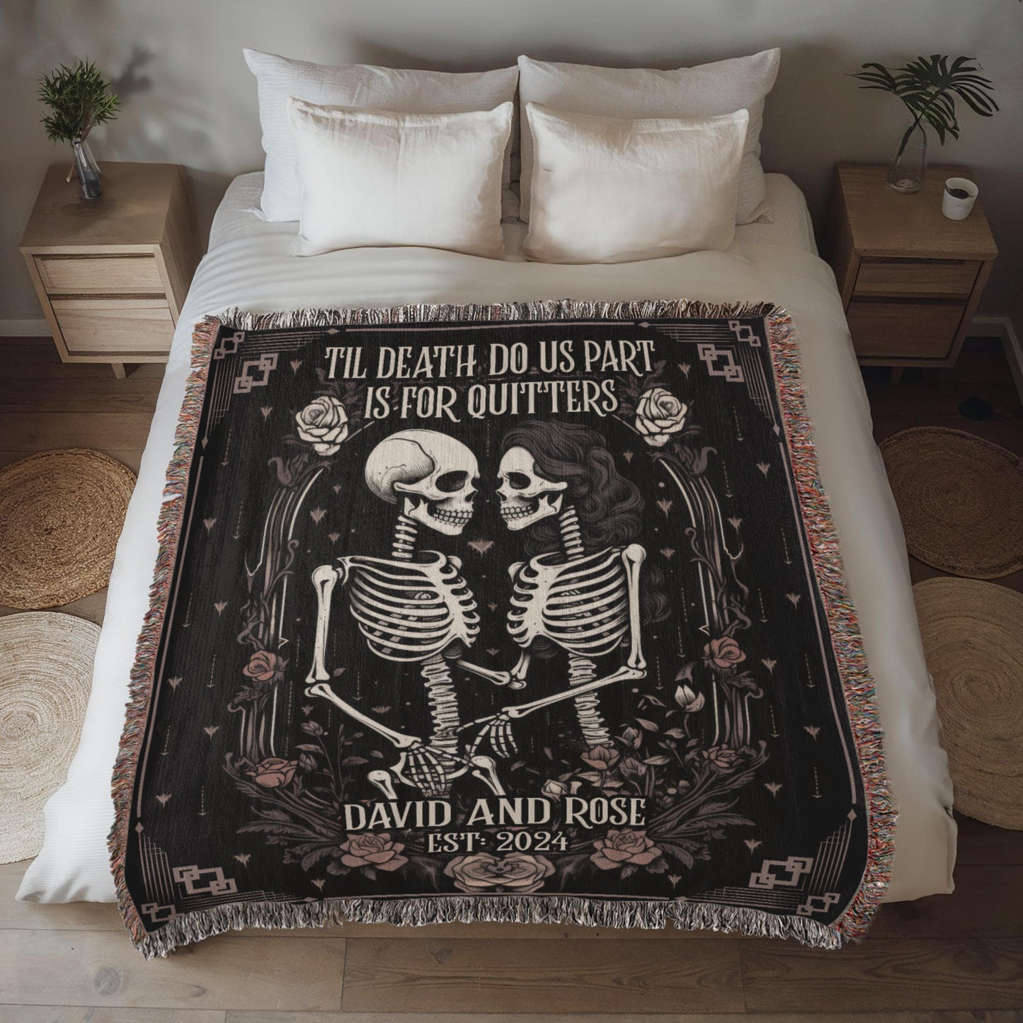 New Custom Couple Personalized Skeleton Woven Blanket For Couples Custom Goth Spooky Halloween Gifts Skeletons Valentine's Day