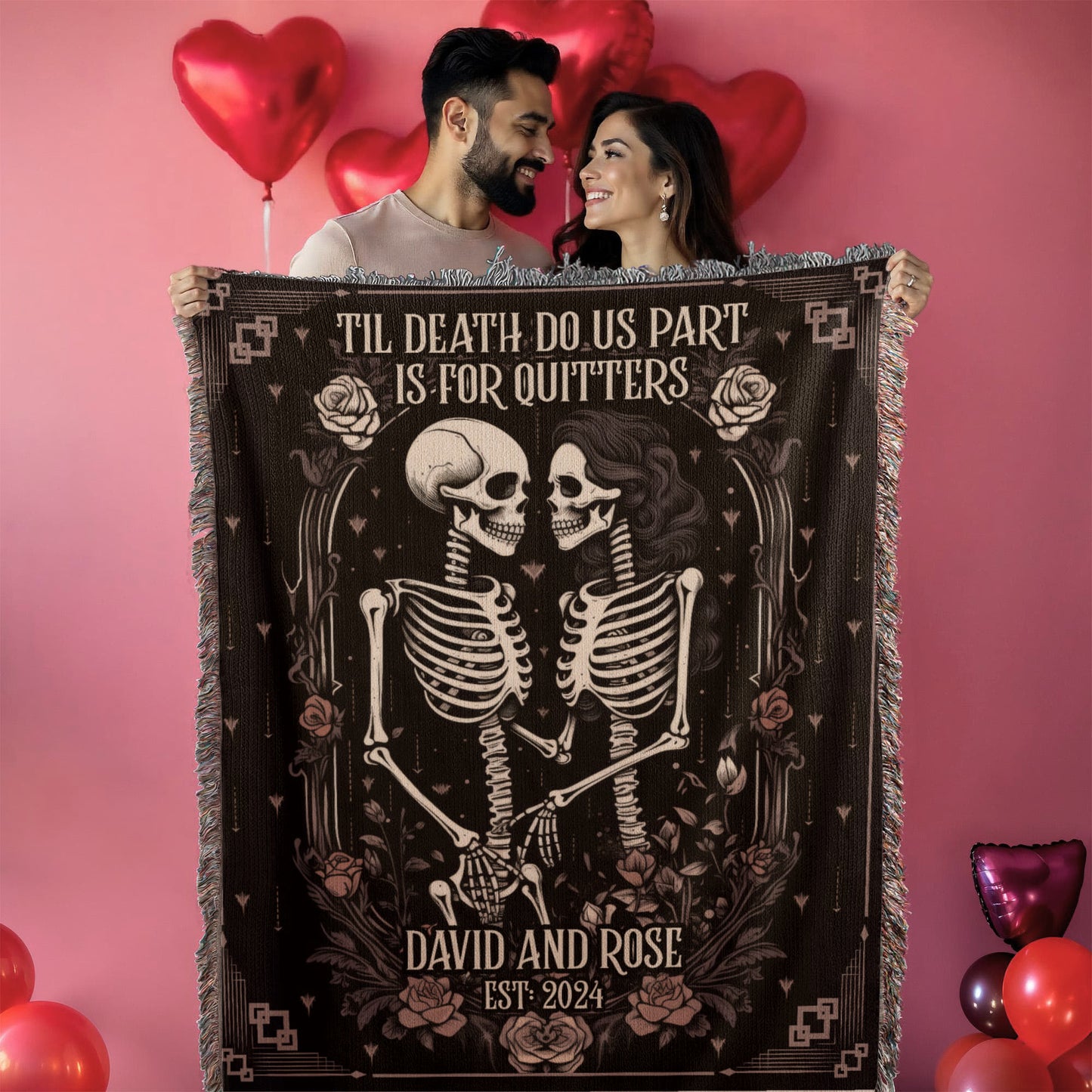 New Custom Couple Personalized Skeleton Woven Blanket For Couples Custom Goth Spooky Halloween Gifts Skeletons Valentine's Day