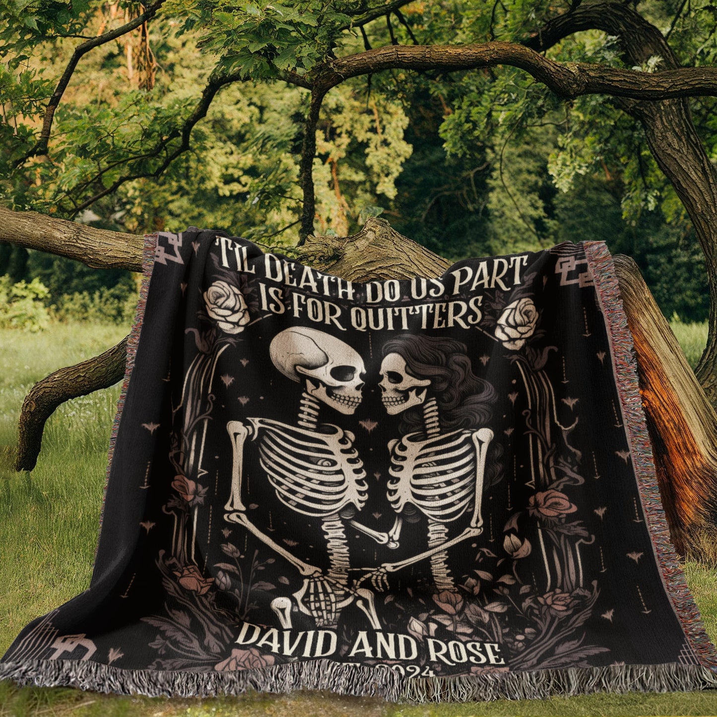 New Custom Couple Personalized Skeleton Woven Blanket For Couples Custom Goth Spooky Halloween Gifts Skeletons Valentine's Day