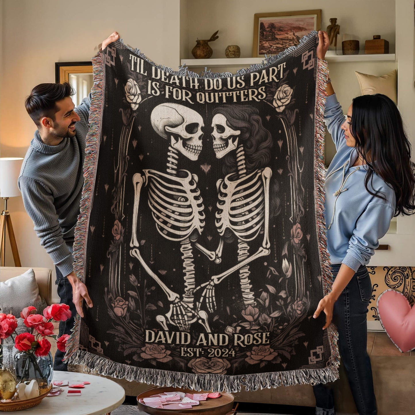 New Custom Couple Personalized Skeleton Woven Blanket For Couples Custom Goth Spooky Halloween Gifts Skeletons Valentine's Day