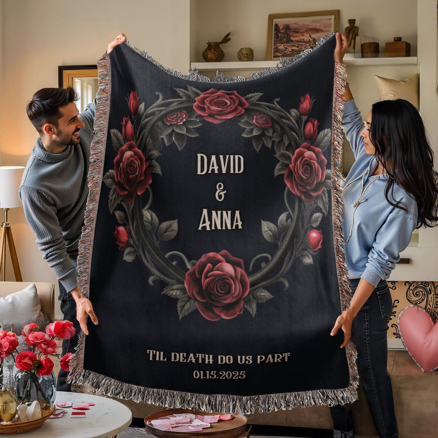 Personalized Gothic Wedding Tapestry Custom Last Name Gift Blanket Wedding Monogram Couple Keepsake Blanket Anniversary Mr and Mrs Initials
