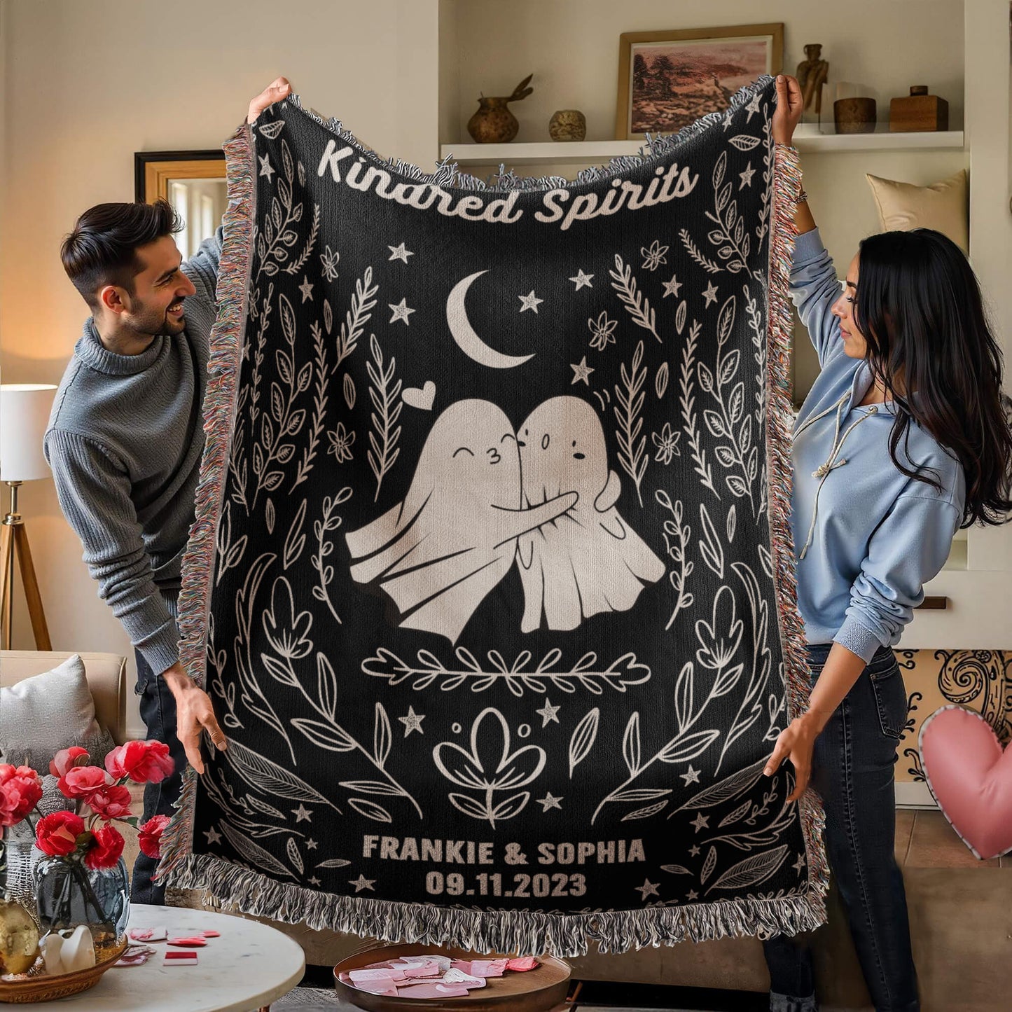 Ghost Couple Kindred Spirits Personalized Wedding Blanket Spooky Halloween Tapestry Woven Ghost Gifts His & Hers Anniversary Gifts