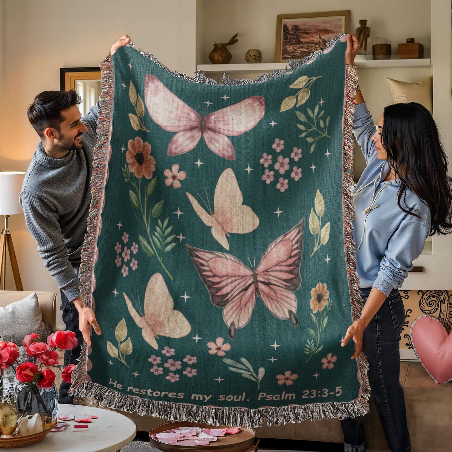 Personalized Bible Verse Blanket with Butterflies, Custom Scripture Throw, Faith Gift for Her, Religious Home Décor, Christian Keepsake