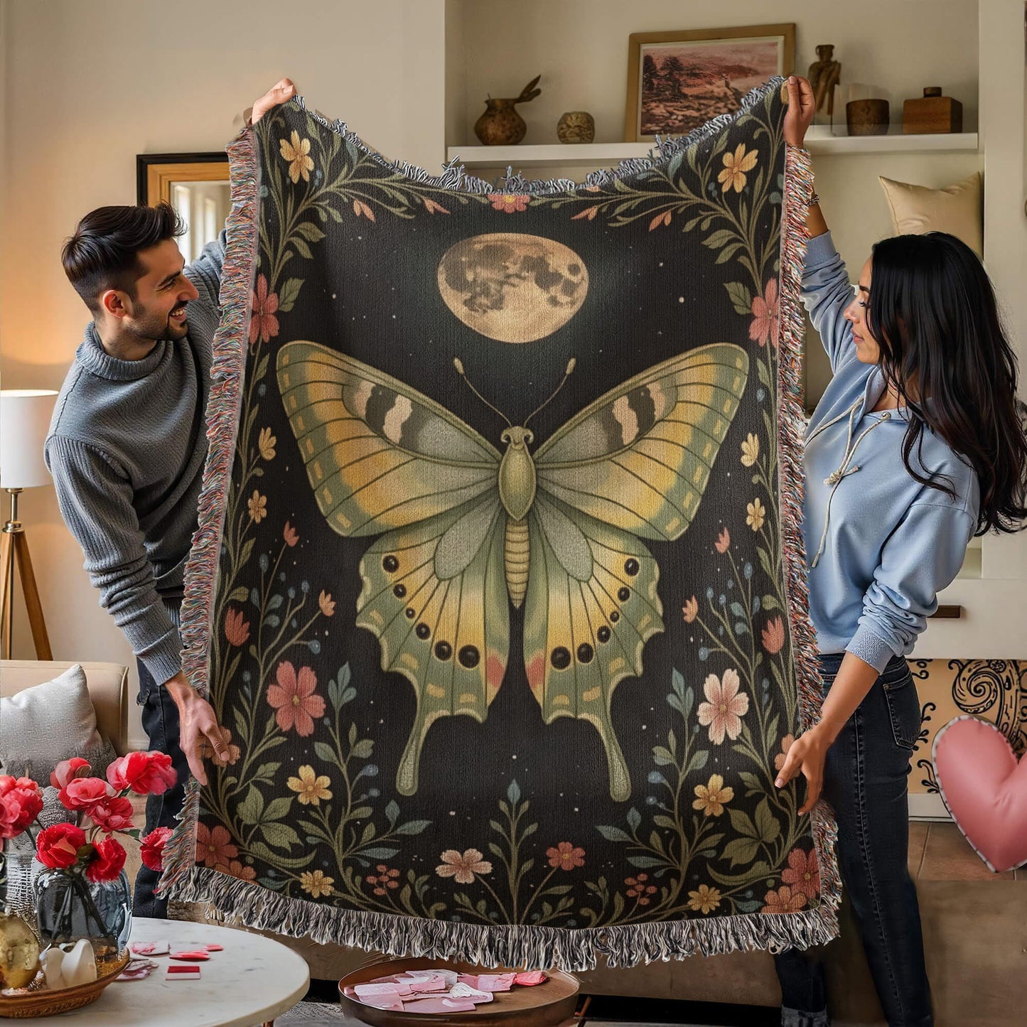 Witchy Luna Moth Blanket, Cottagecore & Dark Academia Throw, Goblincore Tapestry, Witchy Decor, Mystical Moth and Moon Lover Gift
