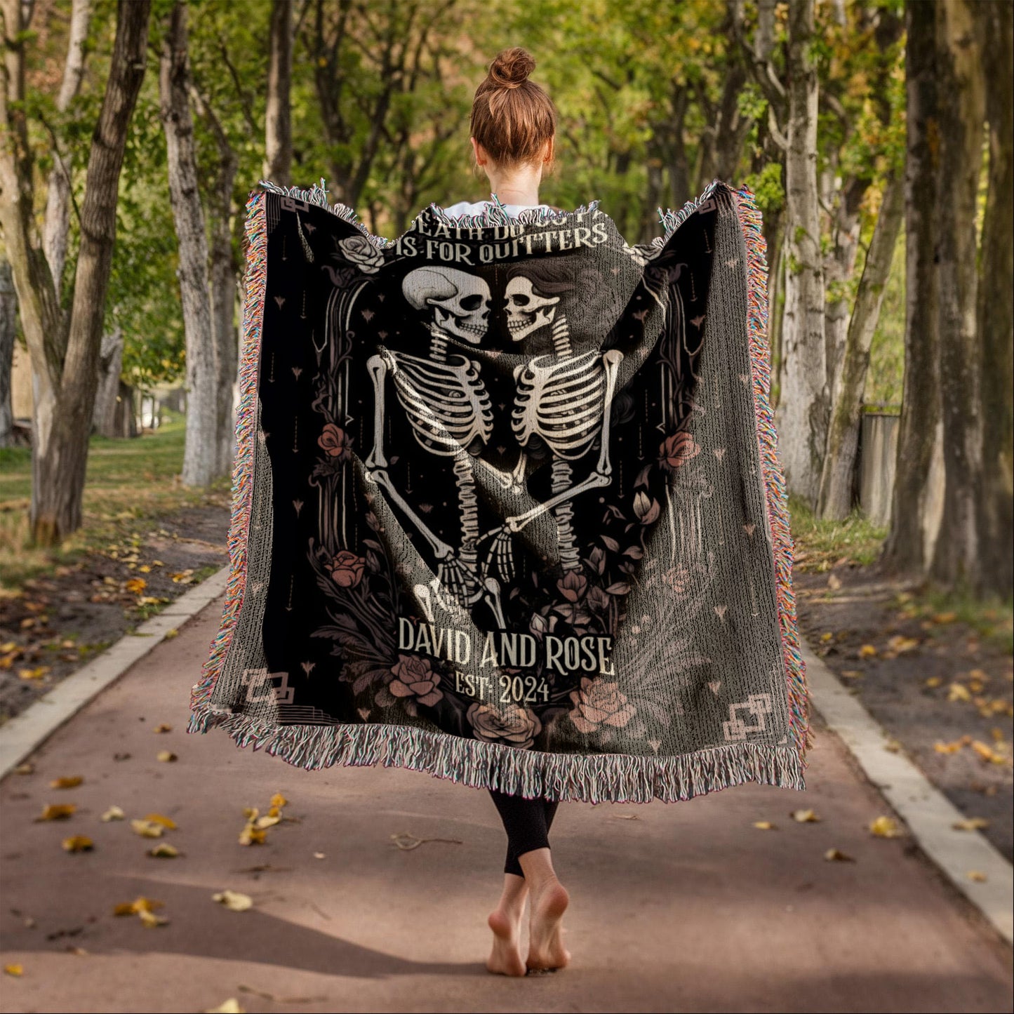 New Custom Couple Personalized Skeleton Woven Blanket For Couples Custom Goth Spooky Halloween Gifts Skeletons Valentine's Day