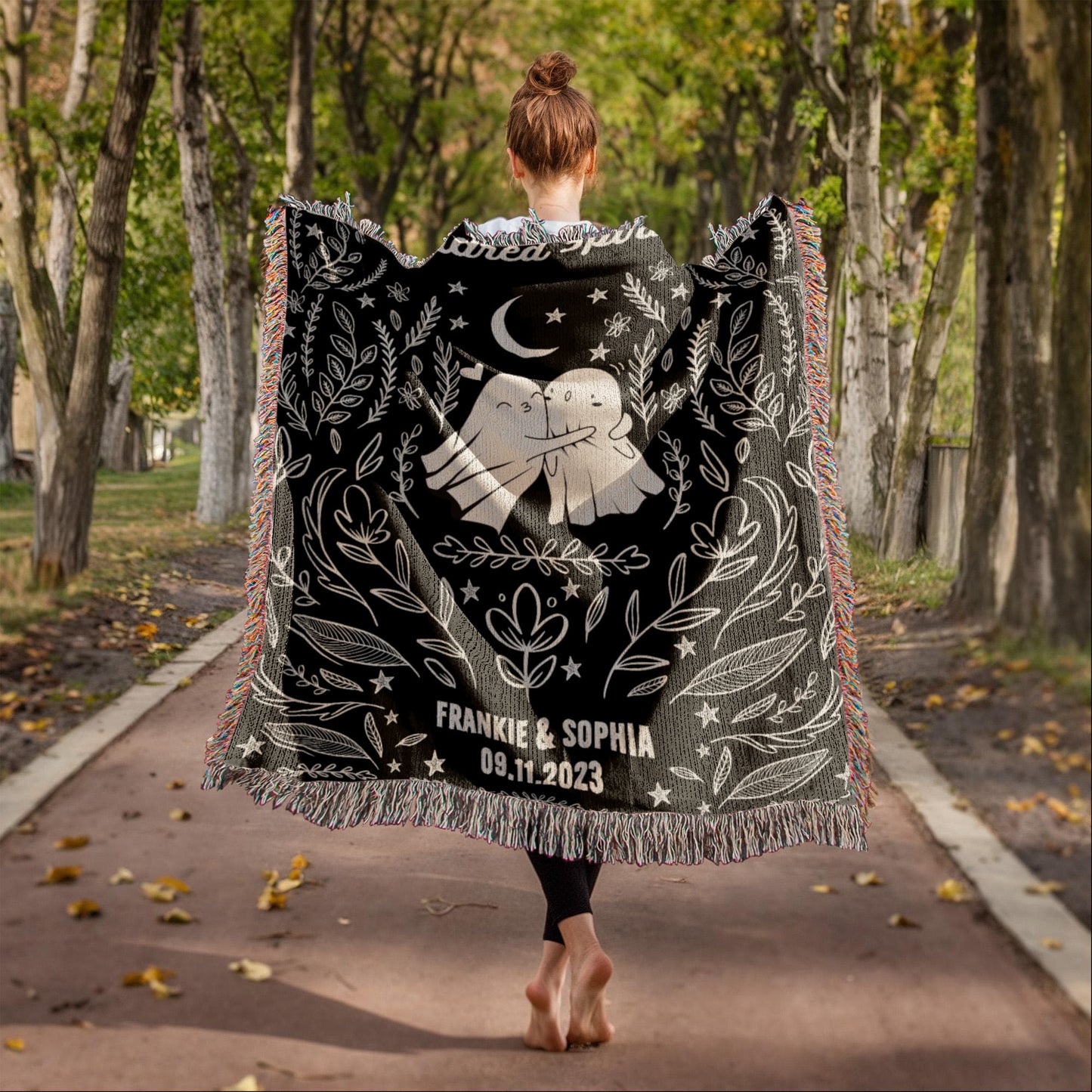 Ghost Couple Kindred Spirits Personalized Wedding Blanket Spooky Halloween Tapestry Woven Ghost Gifts His & Hers Anniversary Gifts