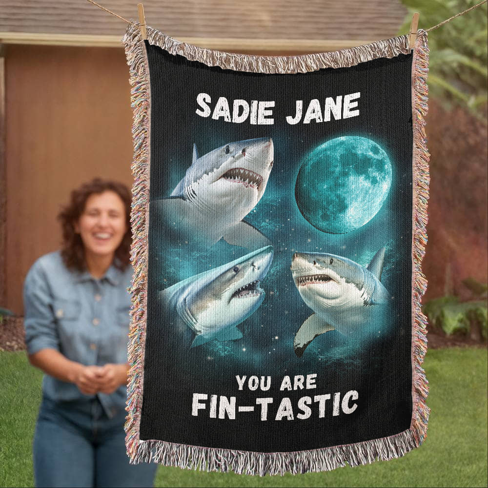 Personalized Shark Blanket, Custom Name Woven Blanket, Ocean Theme Gift for Kids & Teens, Cool Shark Room Decor, Birthday Gift for Boys