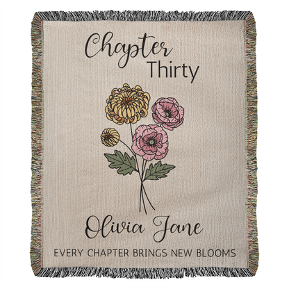 30th Birthday Gift for Her or Him, Chapter 30 Name Blanket, Birth Flower Present, Personalized Gift for 30 Year Old Woman or Daughter