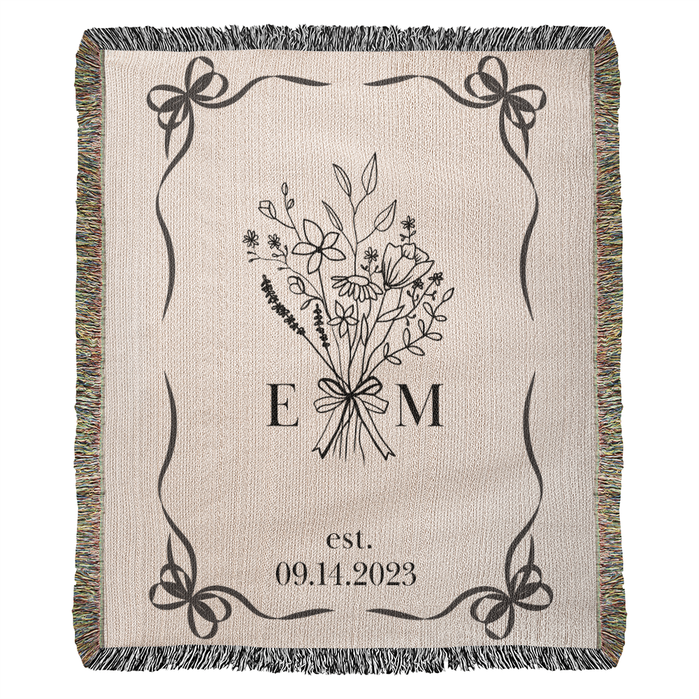 Personalized Cotton Anniversary Blanket | Coquette Custom Wedding Throw with Initials & Established Date | 2nd Anniversary Gift for Wife or Couple