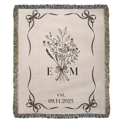 Personalized Cotton Anniversary Blanket | Coquette Custom Wedding Throw with Initials & Established Date | 2nd Anniversary Gift for Wife or Couple