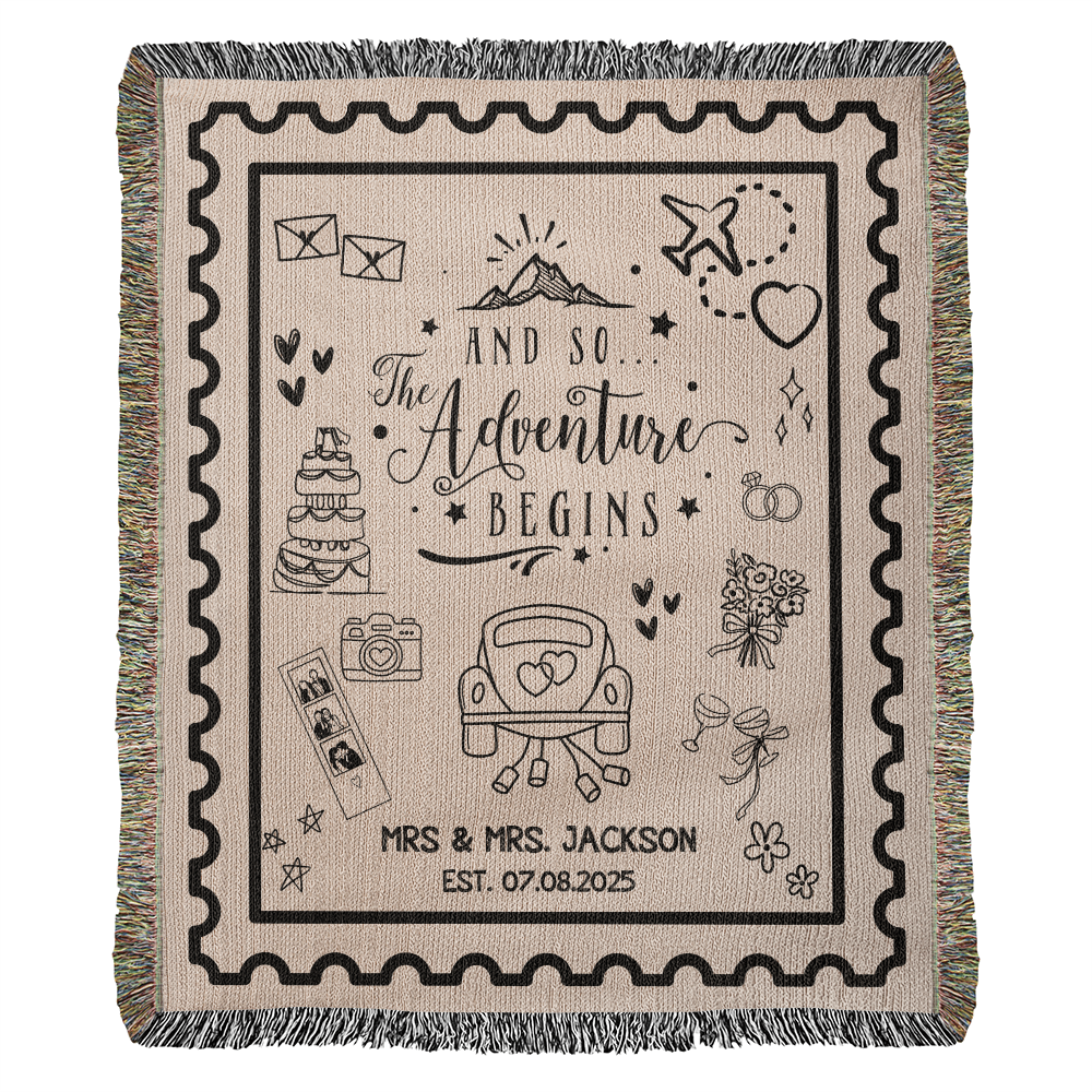 Custom Adventure Lovers Gifts Wedding Blanket, Personalized Woven Throw, Hand Drawn Wedding Stamp Gift, Travel Couple Keepsake, Wedding Souvenir