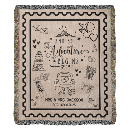 Custom Adventure Lovers Gifts Wedding Blanket, Personalized Woven Throw, Hand Drawn Wedding Stamp Gift, Travel Couple Keepsake, Wedding Souvenir