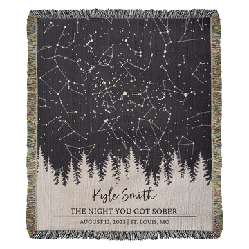 Personalized Sobriety Anniversary Woven Blanket | Custom Star Map By Date | Sober Birthday Gift Celebrate Sobriety Milestones