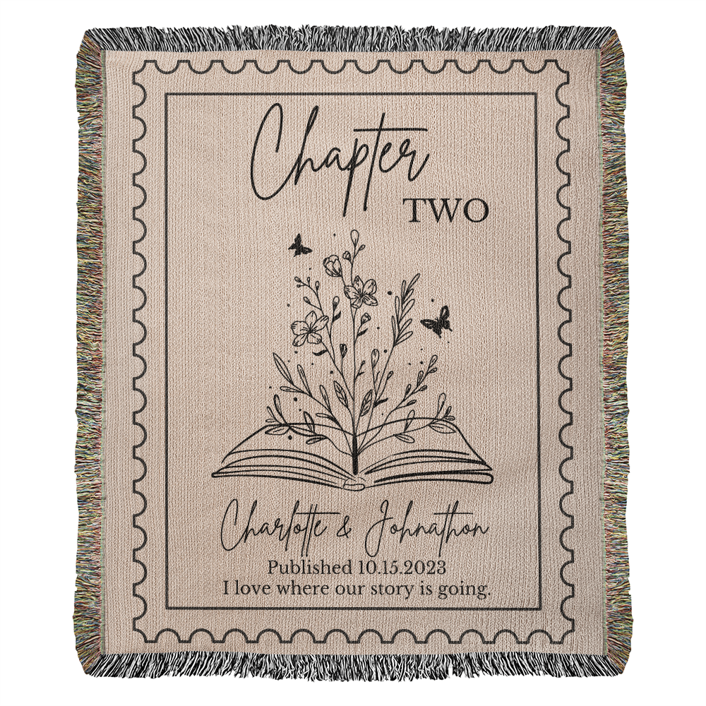 Personalized Book Lover Anniversary Blanket, Customized 100% Cotton Throw with Chapter and Wildflowers, Couple Names Woven Blanket Wedding Gift
