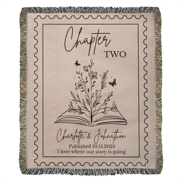 Personalized Book Lover Anniversary Blanket, Customized 100% Cotton Throw with Chapter and Wildflowers, Couple Names Woven Blanket Wedding Gift