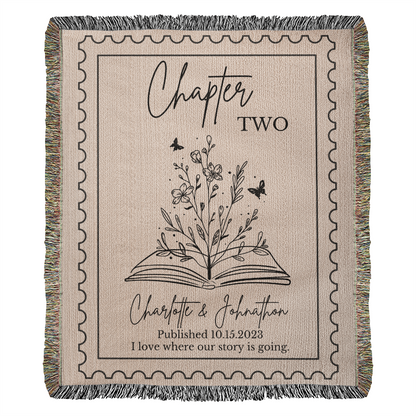 Personalized Book Lover Anniversary Blanket, Customized 100% Cotton Throw with Chapter and Wildflowers, Couple Names Woven Blanket Wedding Gift