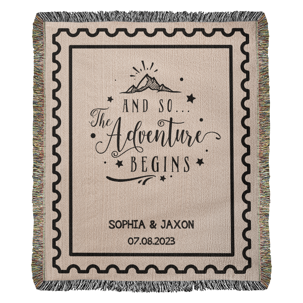 Custom Name and Date Wedding Blanket, Personalized Woven Throw, Hand Drawn Wedding Stamp Gift, Whimsical Couple Keepsake, Wedding Souvenir