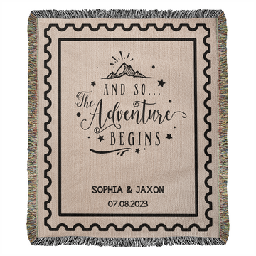 Custom Name and Date Wedding Blanket, Personalized Woven Throw, Hand Drawn Wedding Stamp Gift, Whimsical Couple Keepsake, Wedding Souvenir