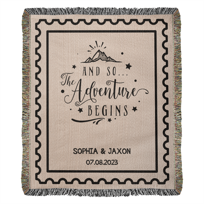 Custom Name and Date Wedding Blanket, Personalized Woven Throw, Hand Drawn Wedding Stamp Gift, Whimsical Couple Keepsake, Wedding Souvenir