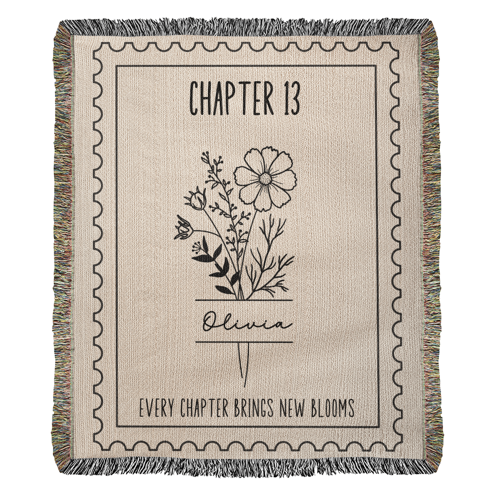 13th Birthday Gift for Her, Personalized Chapter 13 Name and Birthday Month Flower Keepsake Reading Blanket