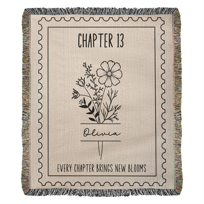 13th Birthday Gift for Her, Personalized Chapter 13 Name and Birthday Month Flower Keepsake Reading Blanket