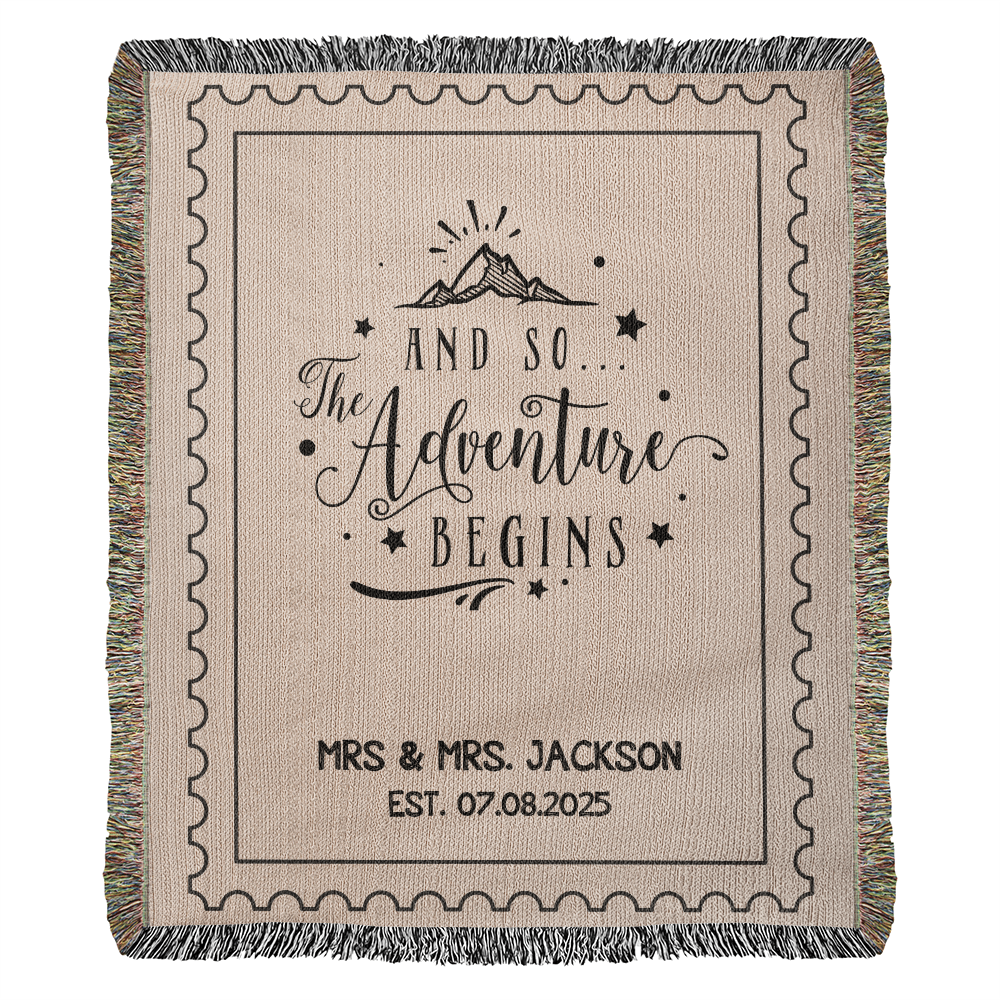 Personalized Wedding Blanket Custom Name Woven Throw, Adventure Begins Gift for Couple, Cotton Anniversary Keepsake Throw